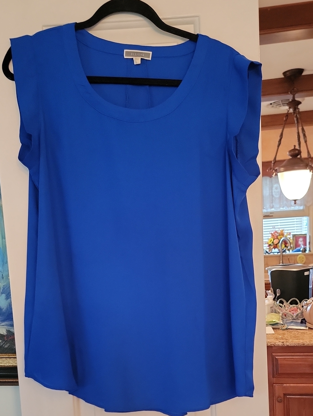 Pleione Cobalt Blue Ruffle Cap-Sleeve Shell Top. Lightweight & Flowing